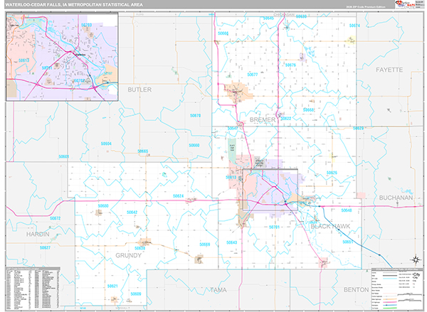 Waterloo-Cedar Falls Metro Area Wall Map Premium Style